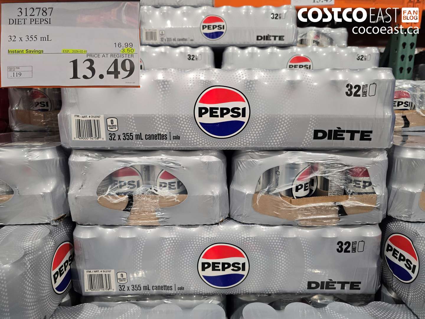 312787 DIET PEPSI 32 X 355 ML ($3.50 INSTANT SAVINGS EXPIRES ON 2026-02-01) $13.49
