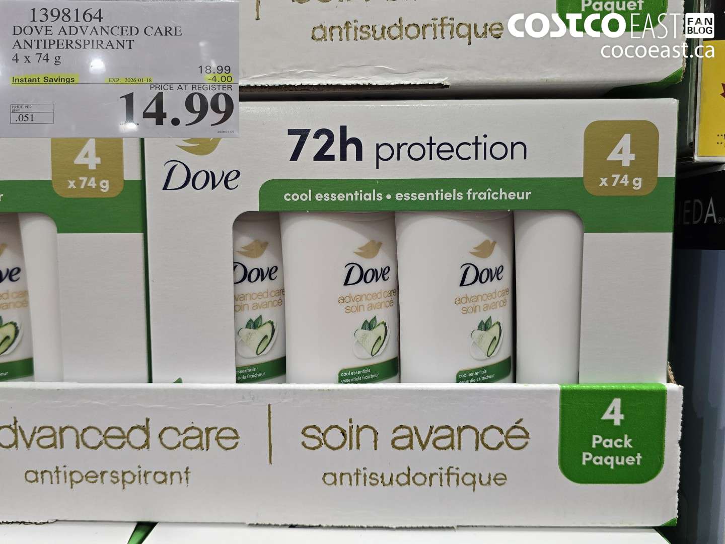 1398164 DOVE ADVANCED CARE ANTIPERSPIRANT 4 x 74G ($4.00 INSTANT SAVINGS EXPIRES ON 2026-01-18) $14.99
