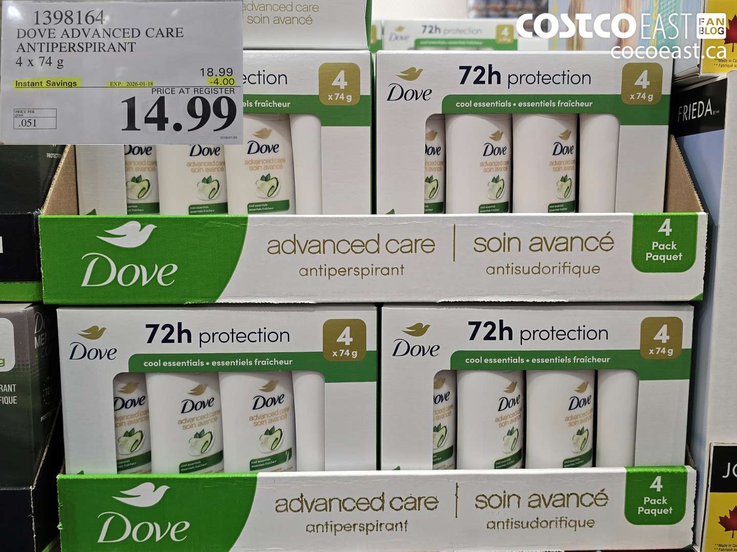 1398164 DOVE ADVANCED CARE ANTIPERSPIRANT 4 x 74G ($4.00 INSTANT SAVINGS EXPIRES ON 2026-01-18) $14.99