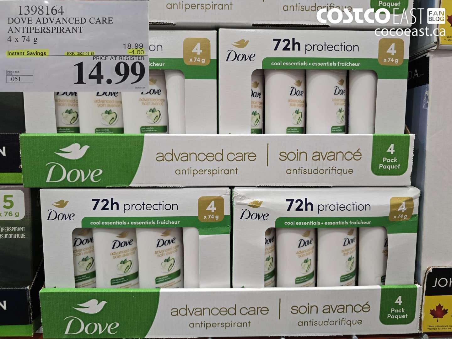 1393164 DOVE ADVANCED CARE ANTIPERSPIRANT 4x74 G ($4.00 INSTANT SAVINGS EXPIRES ON 2026-01-18) $14.99