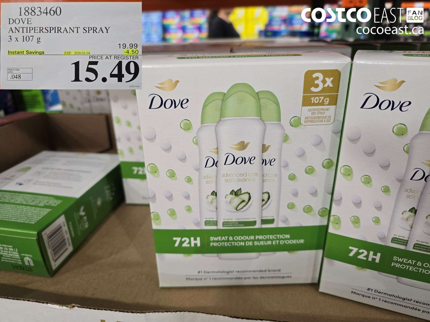 1883460 DOVE ANTIPERSPIRANT SPRAY 3 x 107 g ($4.50 INSTANT SAVINGS EXPIRES ON 2026-01-04) $15.49