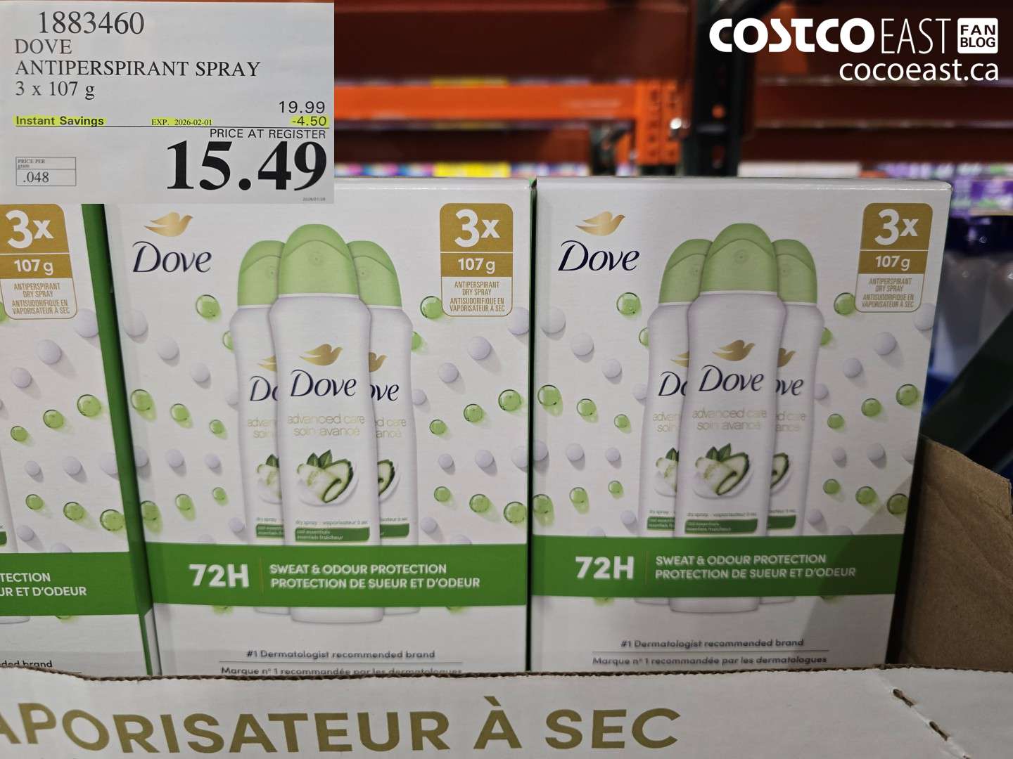 1883460 DOVE ANTIPERSPIRANT SPRAY 3 x 107 g ($4.50 INSTANT SAVINGS EXPIRES ON 2026-02-01) $15.49