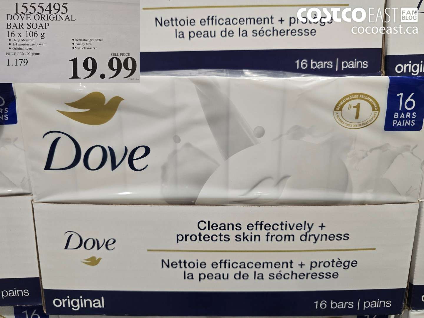 1555495 DOVE BAR SOAP ORIGINAL 16 x 106 g $19.99