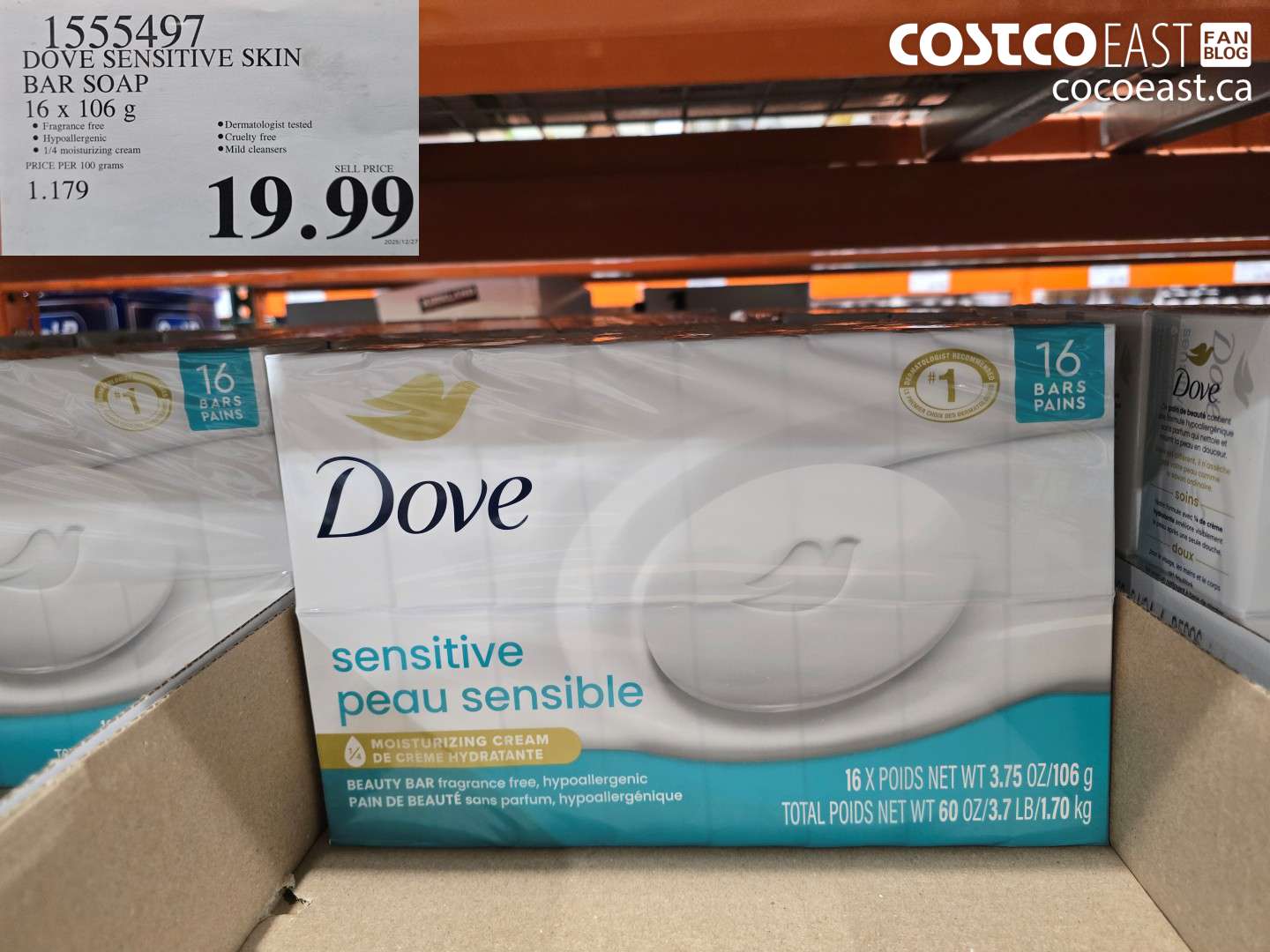 1555497 DOVE BAR SOAP SENSITIVE 16 x 106 g $19.99