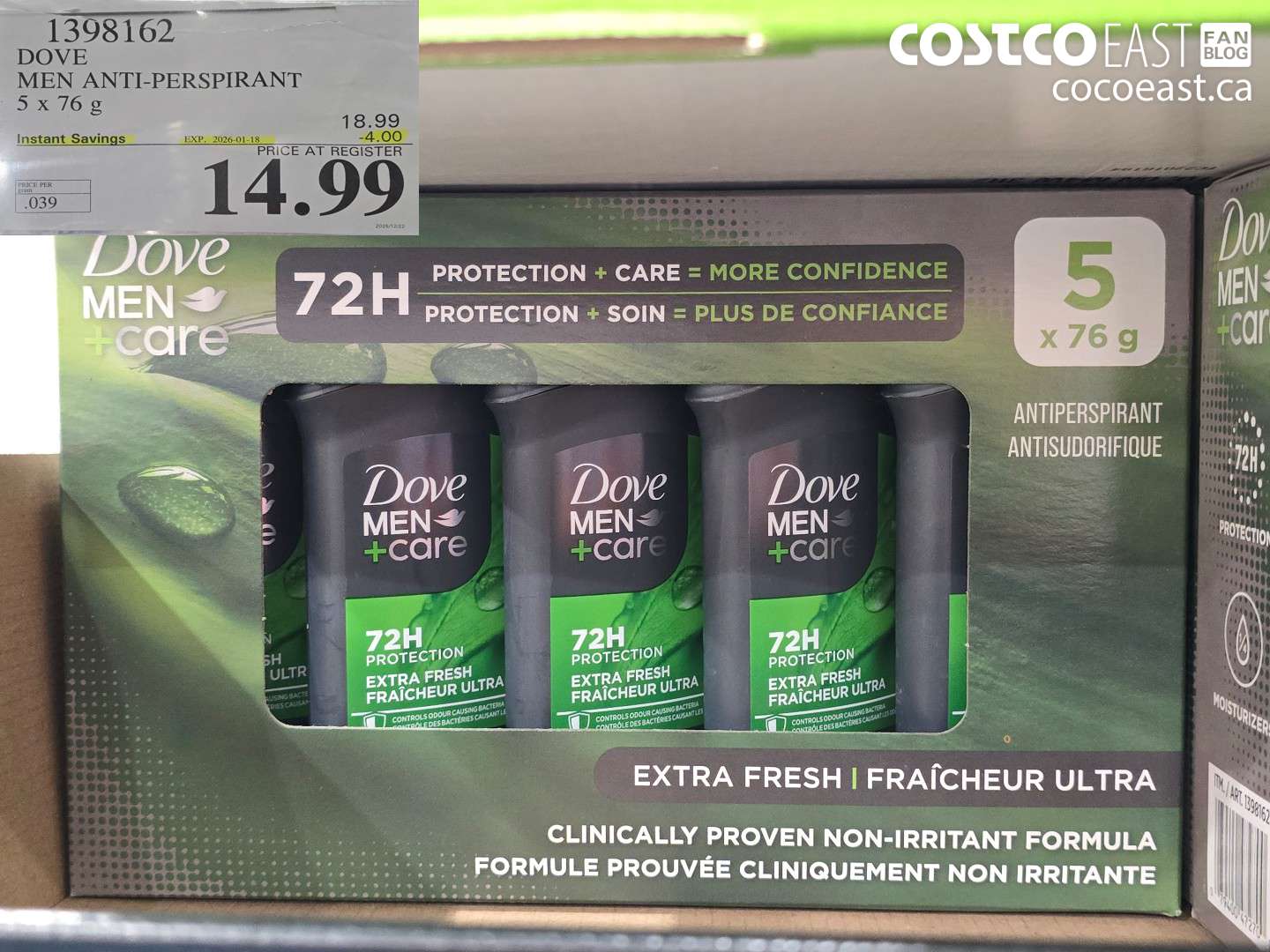 1398162 DOVE MEN ANTI-PERSPIRANT 5 x 76 g ($4.00 INSTANT SAVINGS EXPIRES ON 2026-01-18) $14.99