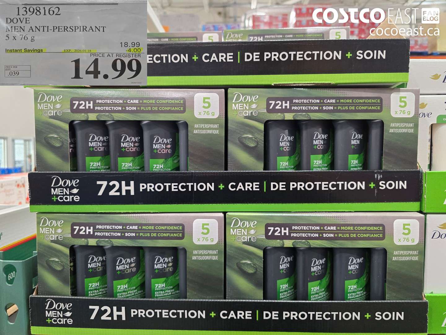 1398162 DOVE MEN ANTI-PERSPIRANT 5 x 76 g ($4.00 INSTANT SAVINGS EXPIRES ON 2026-01-18) $14.99