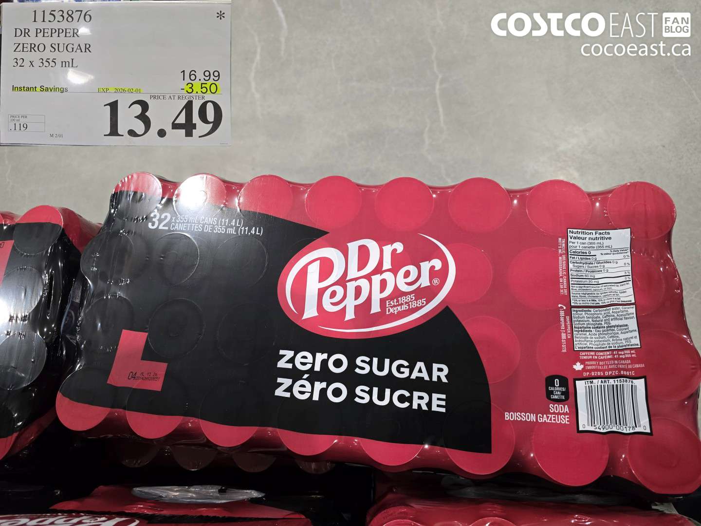 1153876 DR PEPPER ZERO SUGAR 32 x 355 ML ($3.50 INSTANT SAVINGS EXPIRES ON 2026-02-01) $13.49