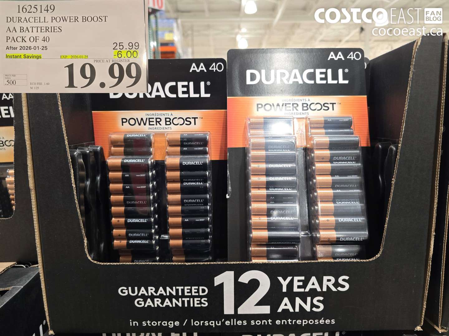 1625149 DURACELL POWER BOOST AA BATTERIES PACK OF 40 ($6.00 INSTANT SAVINGS EXPIRES ON 2026-01-25) $19.99