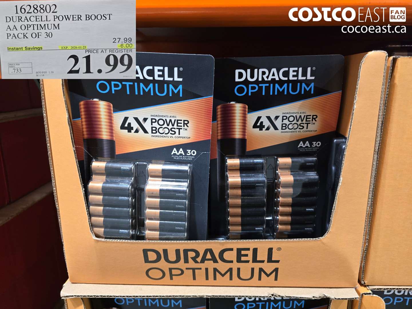 1628802 DURACELL POWER BOOST AA OPTIMUM PACK OF 30 ($6.00 INSTANT SAVINGS EXPIRES ON 2026-01-25) $21.99
