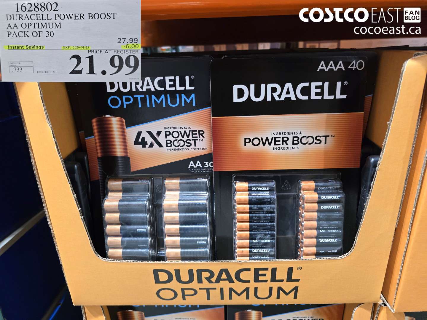 1628802 DURACELL POWER BOOST AA OPTIMUM PACK OF 30 ($6.00 INSTANT SAVINGS EXPIRES ON 2026-01-25) $21.99