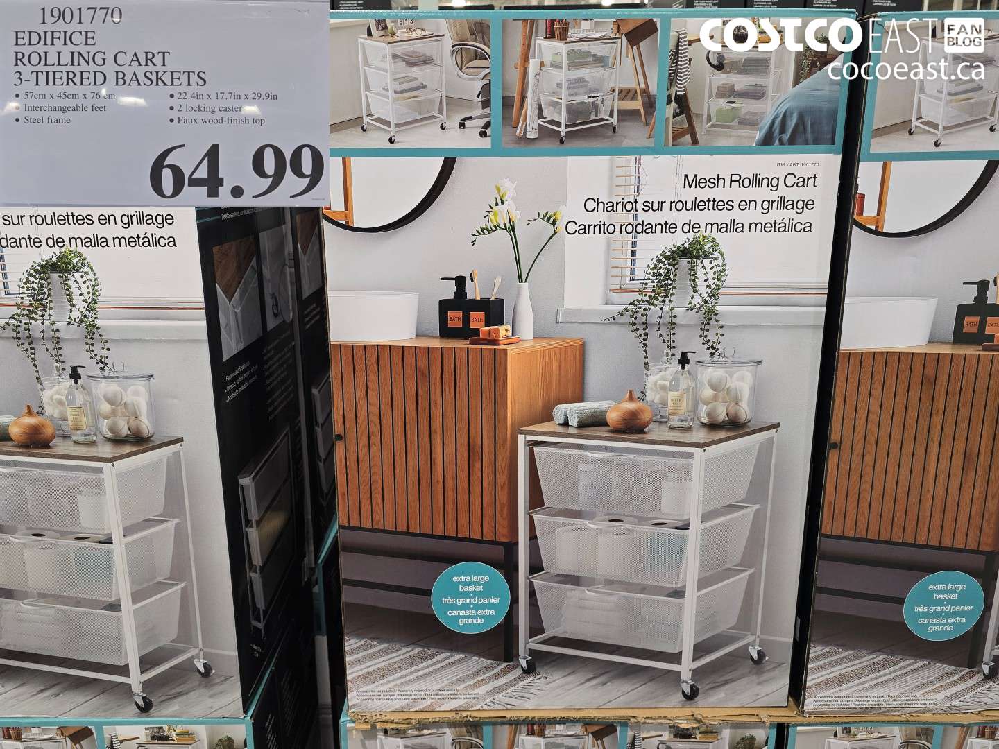 1901770 EDIFICE ROLLING CART 3-TIERED BASKETS $64.99