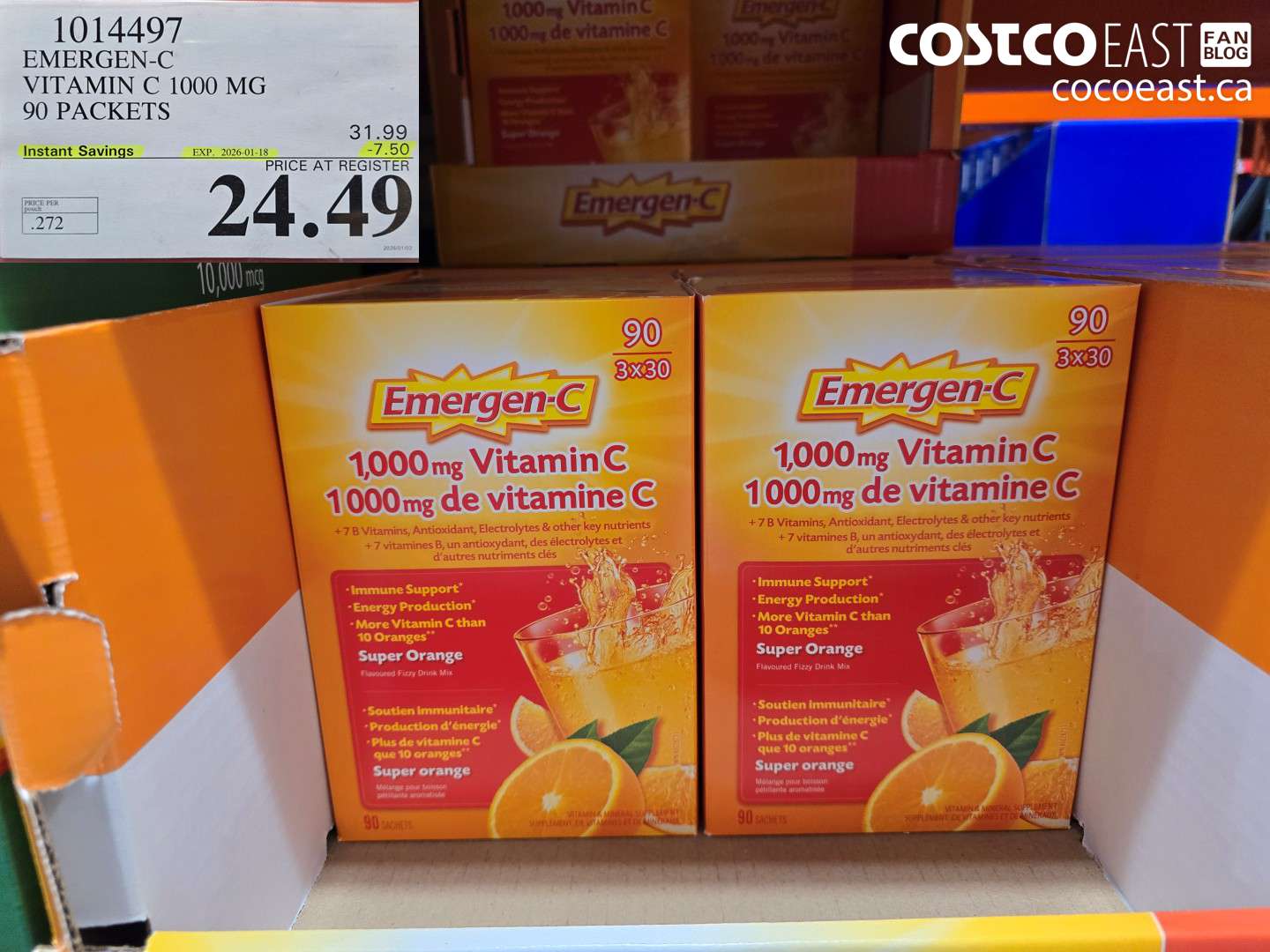 1014497 EMERGEN-C ORANGE VITAMIN C 1000 MG 90 PACKETS ($7.50 INSTANT SAVINGS EXPIRES ON 2026-01-18) $24.49