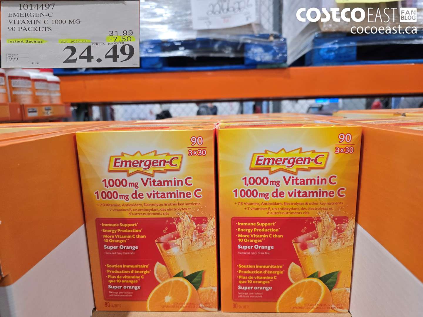 1014497 EMERGEN-C ORANGE VITAMIN C 1000 MG 90 PACKETS ($7.50 INSTANT SAVINGS EXPIRES ON 2026-01-18) $24.49