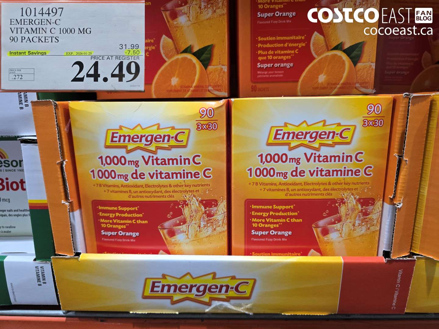 1014497 EMERGEN-C ORANGE VITAMIN C 1000 MG 90 PACKETS ($7.50 INSTANT SAVINGS EXPIRES ON 2026-01-25) $24.49