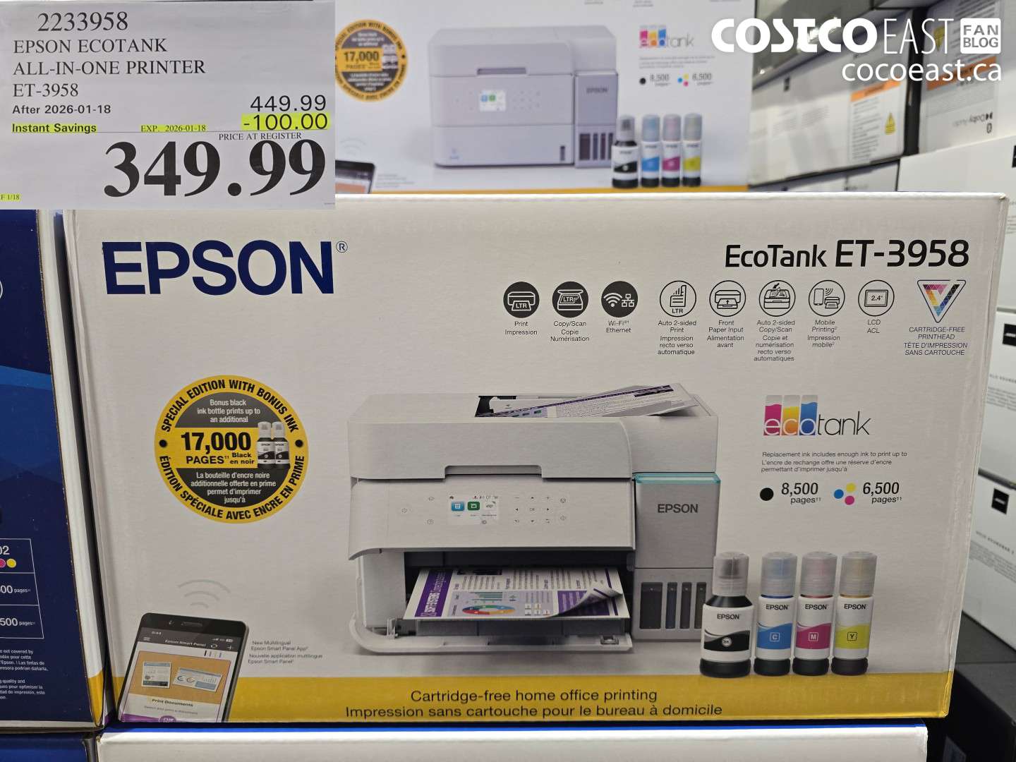 2233958 EPSON ECOTANK ALL-IN-ONE PRINTER ET-3958 ($100.00 INSTANT SAVINGS EXPIRES ON 2026-01-18) $349.99
