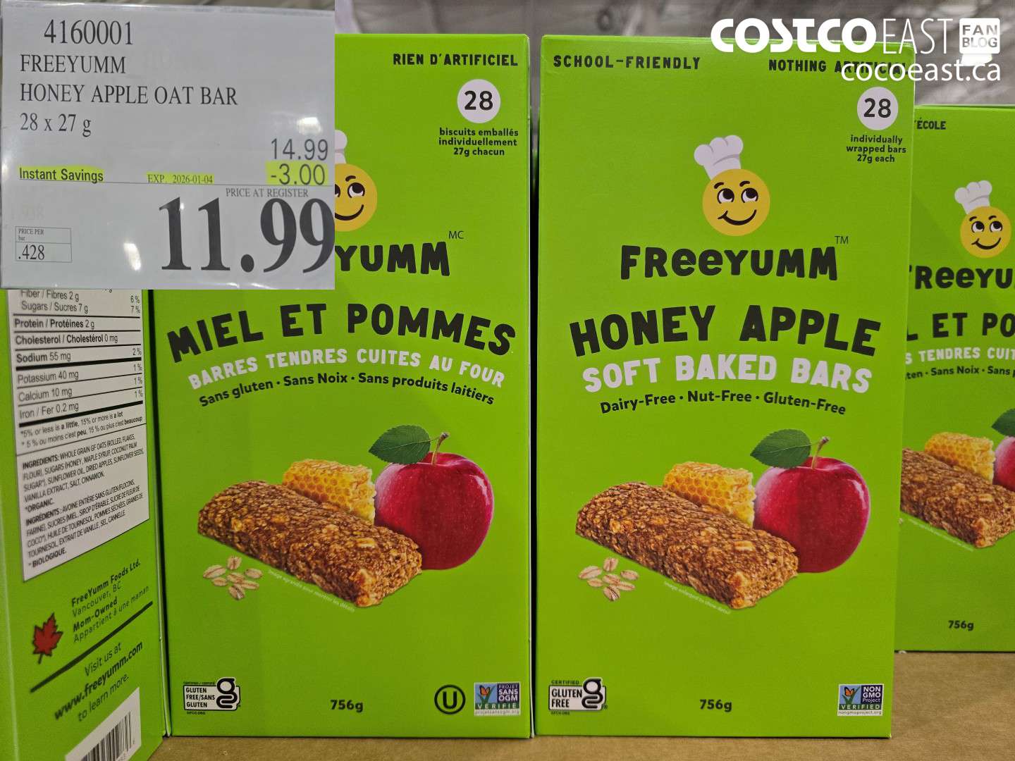 4160001 FREEYUMM HONEY APPLE OAT BAR 28 X 27 G ($3.00 INSTANT SAVINGS EXPIRES ON 2026-01-04) $11.99