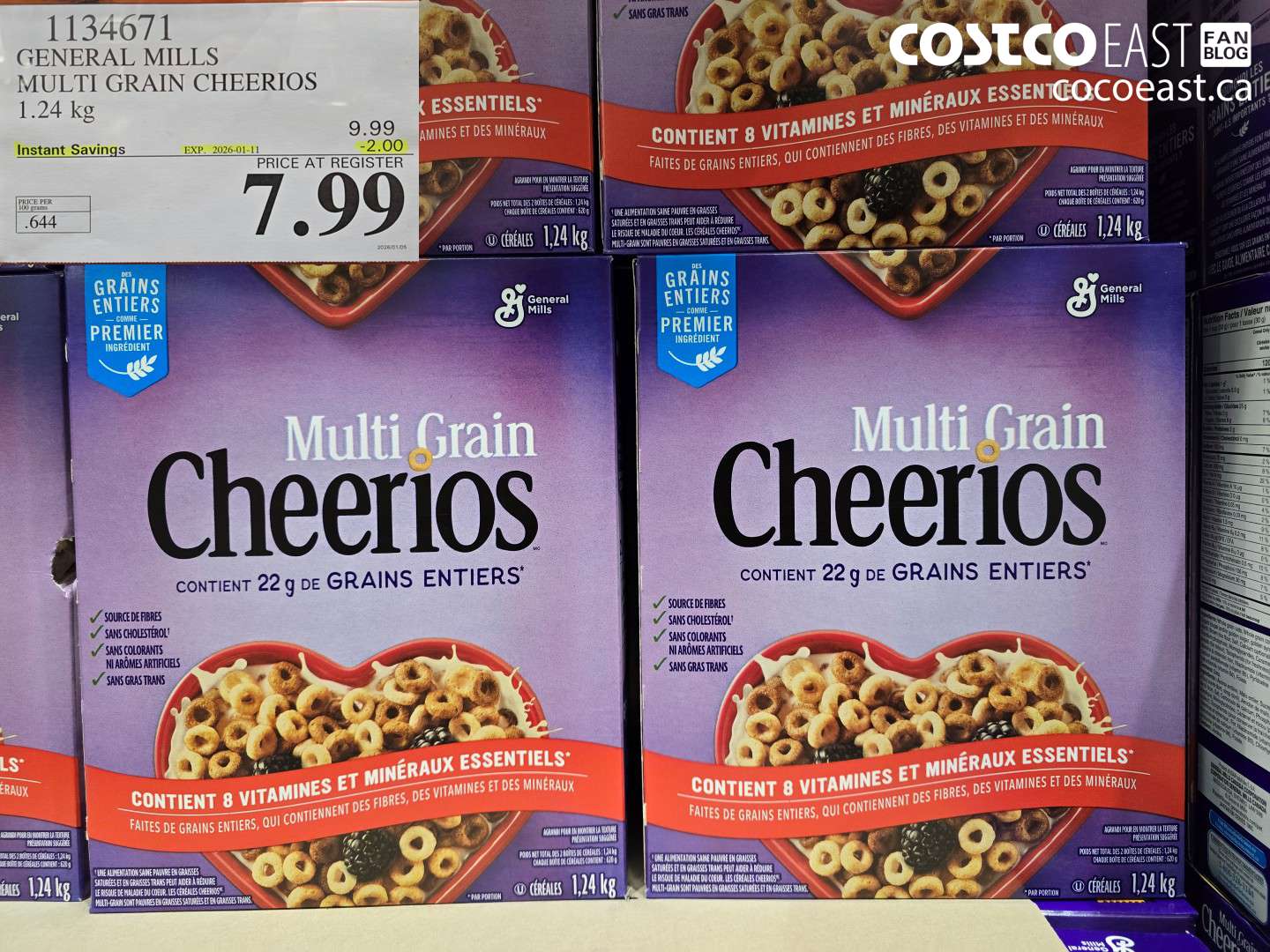 1134671 GENERAL MILLS MULTI-GRAIN CHEERIOS 1.24 KG ($2.00 INSTANT SAVINGS EXPIRES ON 2026-01-11) $7.99