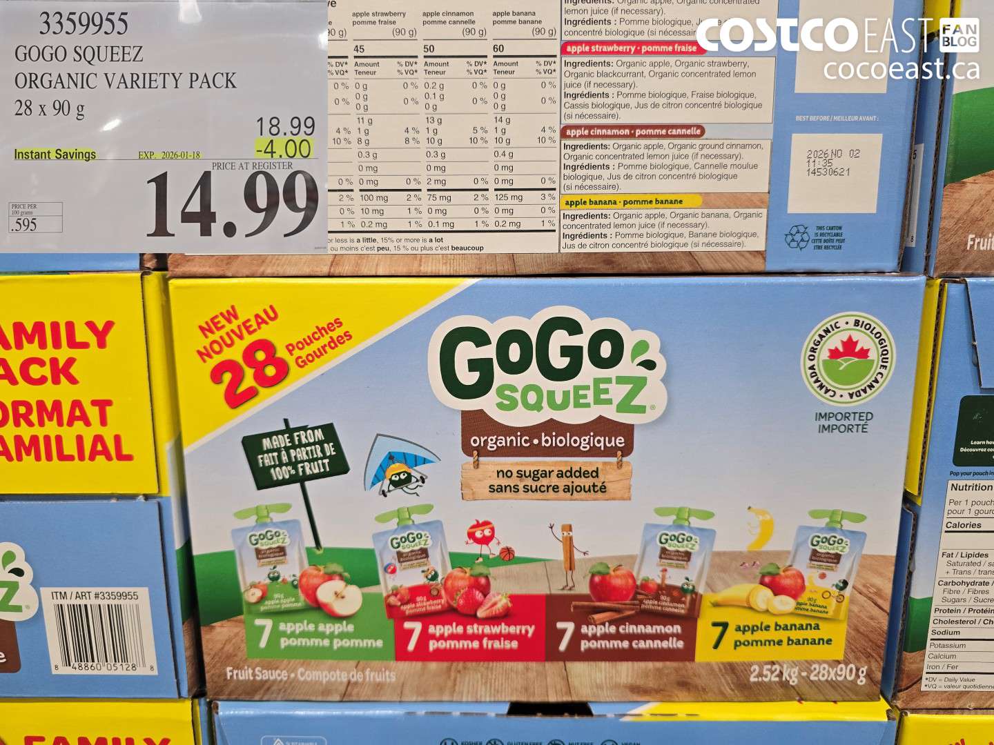 3359955 GOGO SQUEEZ ORGANIC VARIETY PACK 25 x 90 g ($4.00 INSTANT SAVINGS EXPIRES ON 2026-01-18) $14.99