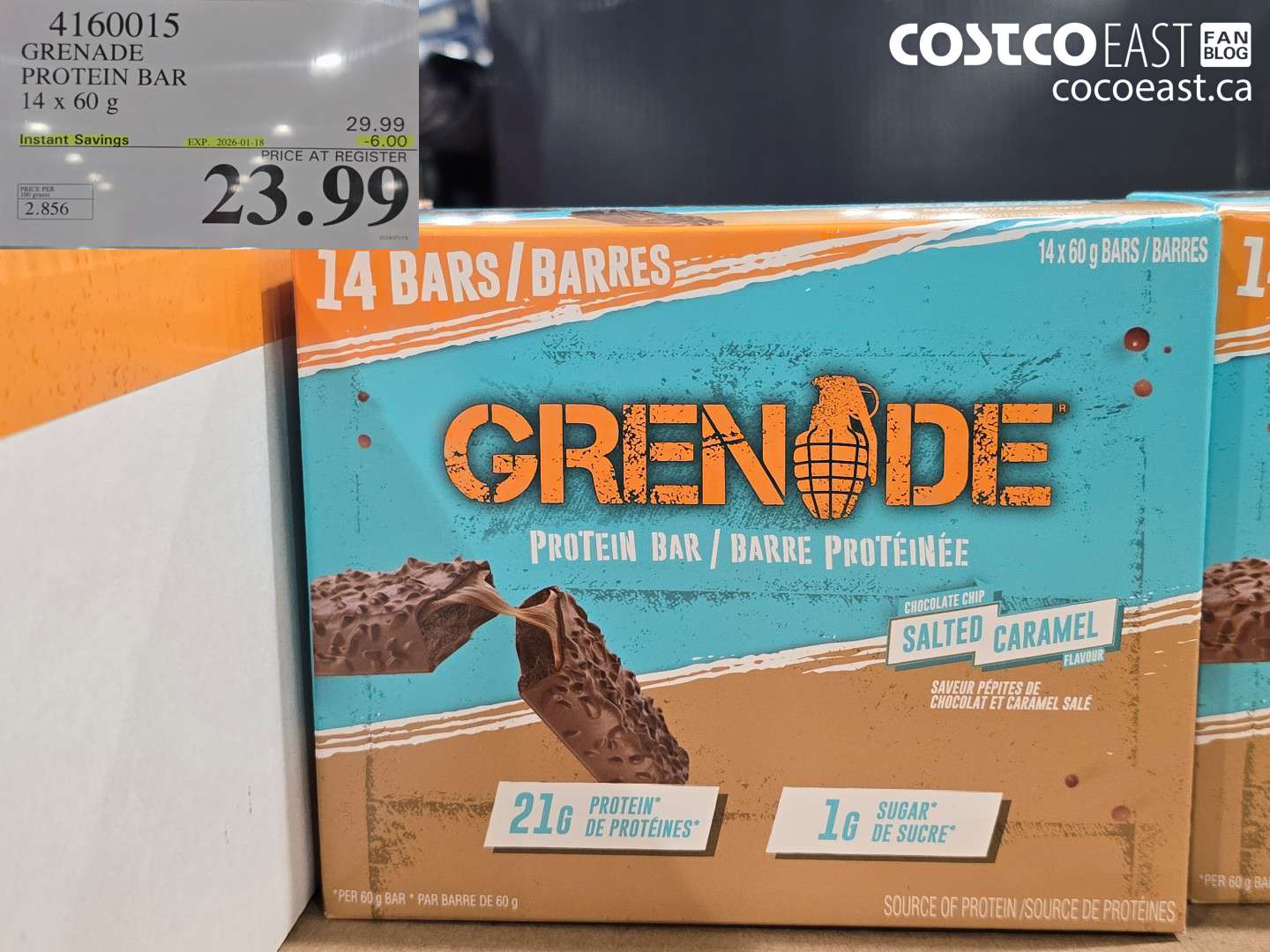 4160015 GRENADE PROTEIN BAR 14 x 60 g ($6.00 INSTANT SAVINGS EXPIRES ON 2026-01-18) $23.99