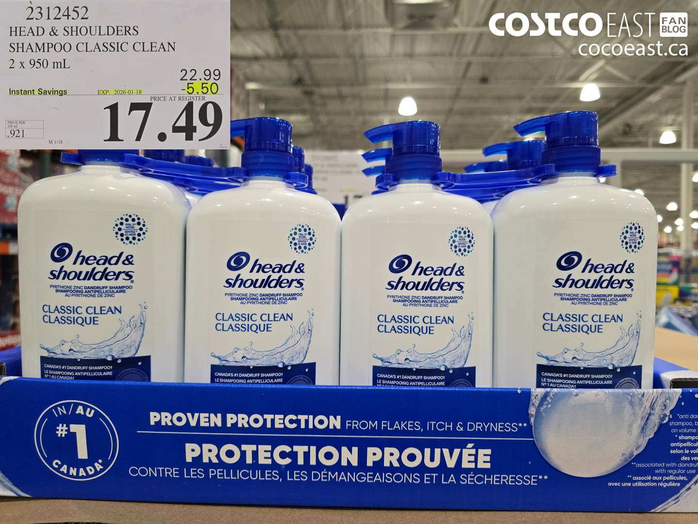2312452 HEAD & SHOULDERS SHAMPOO CLASSIC CLEAN 2 X 950 ML ($5.50 INSTANT SAVINGS EXPIRES ON 2026-01-18) $17.49