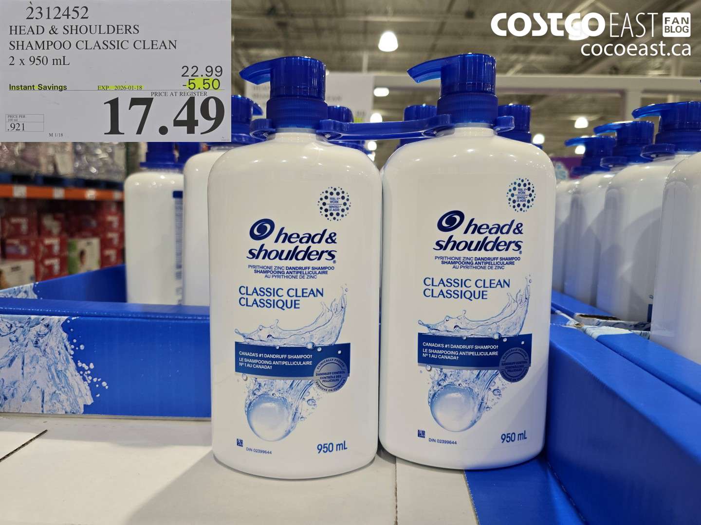 2312452 HEAD & SHOULDERS SHAMPOO CLASSIC CLEAN 2 X 950 ML ($5.50 INSTANT SAVINGS EXPIRES ON 2026-01-18) $17.49