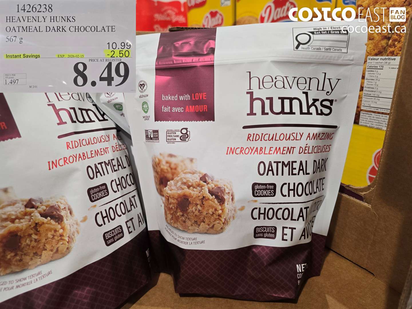 1426238 HEAVENLY HUNKS OATMEAL DARK CHOCOLATE 567 g ($2.50 INSTANT SAVINGS EXPIRES ON 2026-02-15) $8.49