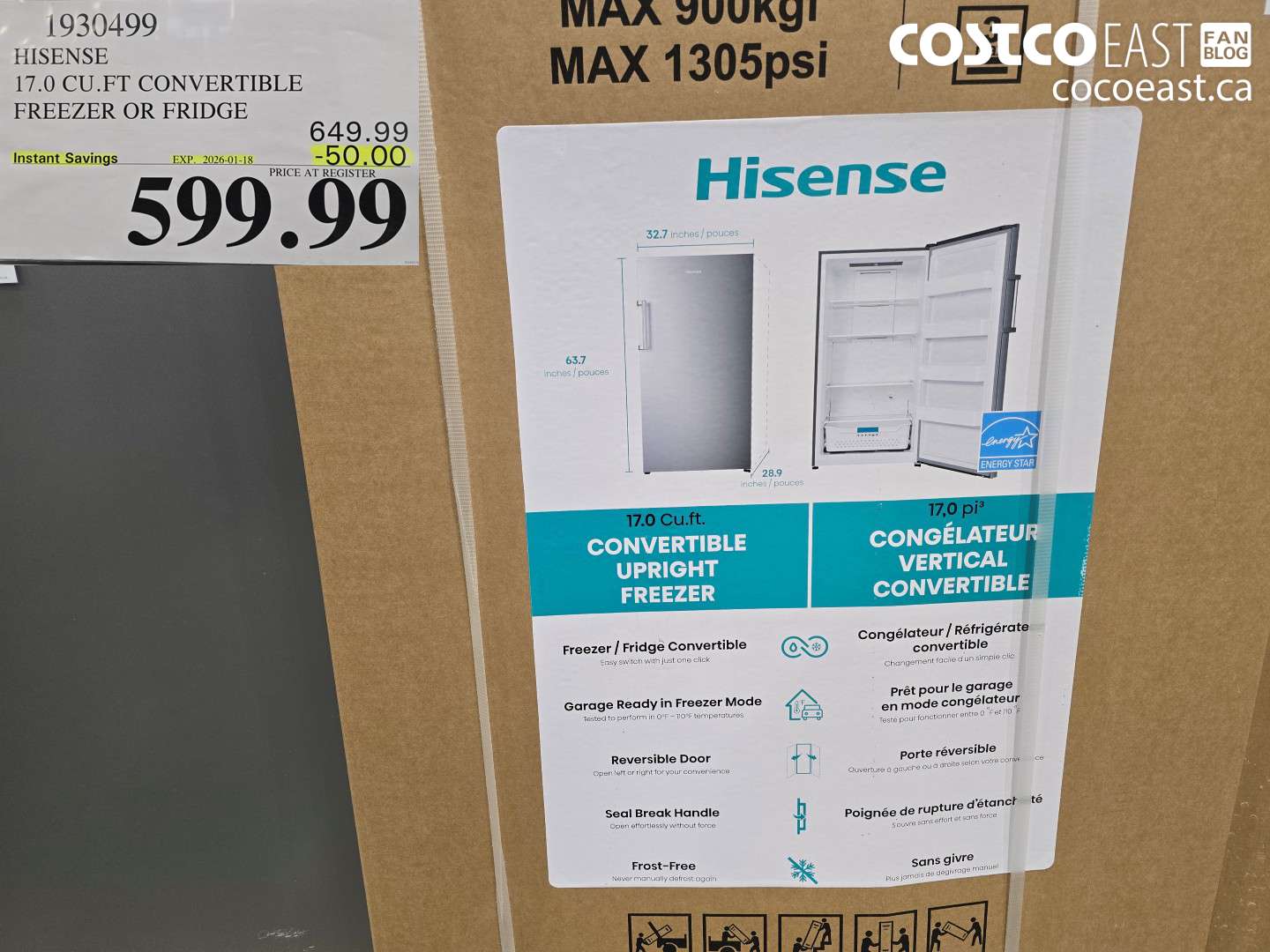 1930499 HISENSE 17.0 CU.FT CONVERTIBLE FREEZER OR FRIDGE ($50.00 INSTANT SAVINGS EXPIRES ON 2026-01-18) $599.99