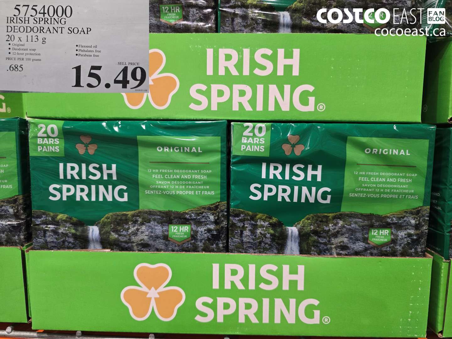 5754000 IRISH SPRING DEODORANT SOAP 20 X 113 G $15.49
