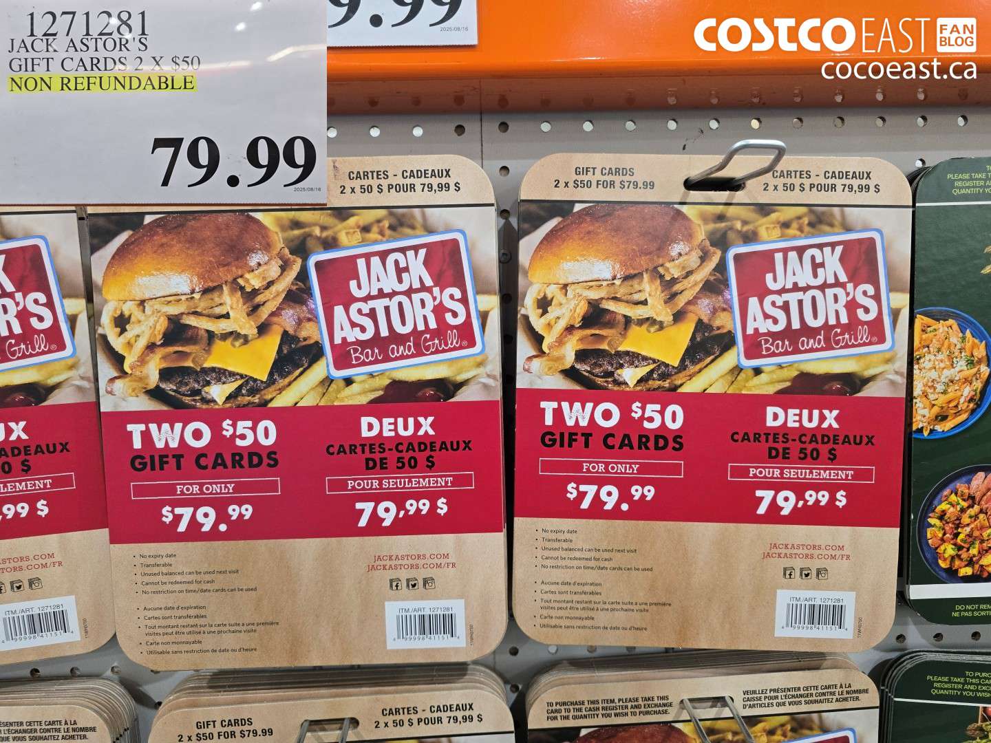 1271281 JACK ASTOR'S GIFT CERTIFICATES 2 X $50.00 THIS ITEM IS NON-REFUNDABLE $79.99