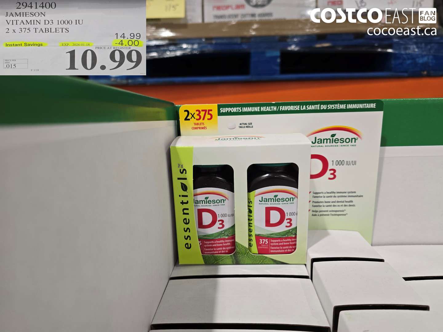 2941400 JAMIESON VITAMIN D3 1000 IU 2 X 375 TABLETS ($4.00 INSTANT SAVINGS EXPIRES ON 2026-01-18) $10.99