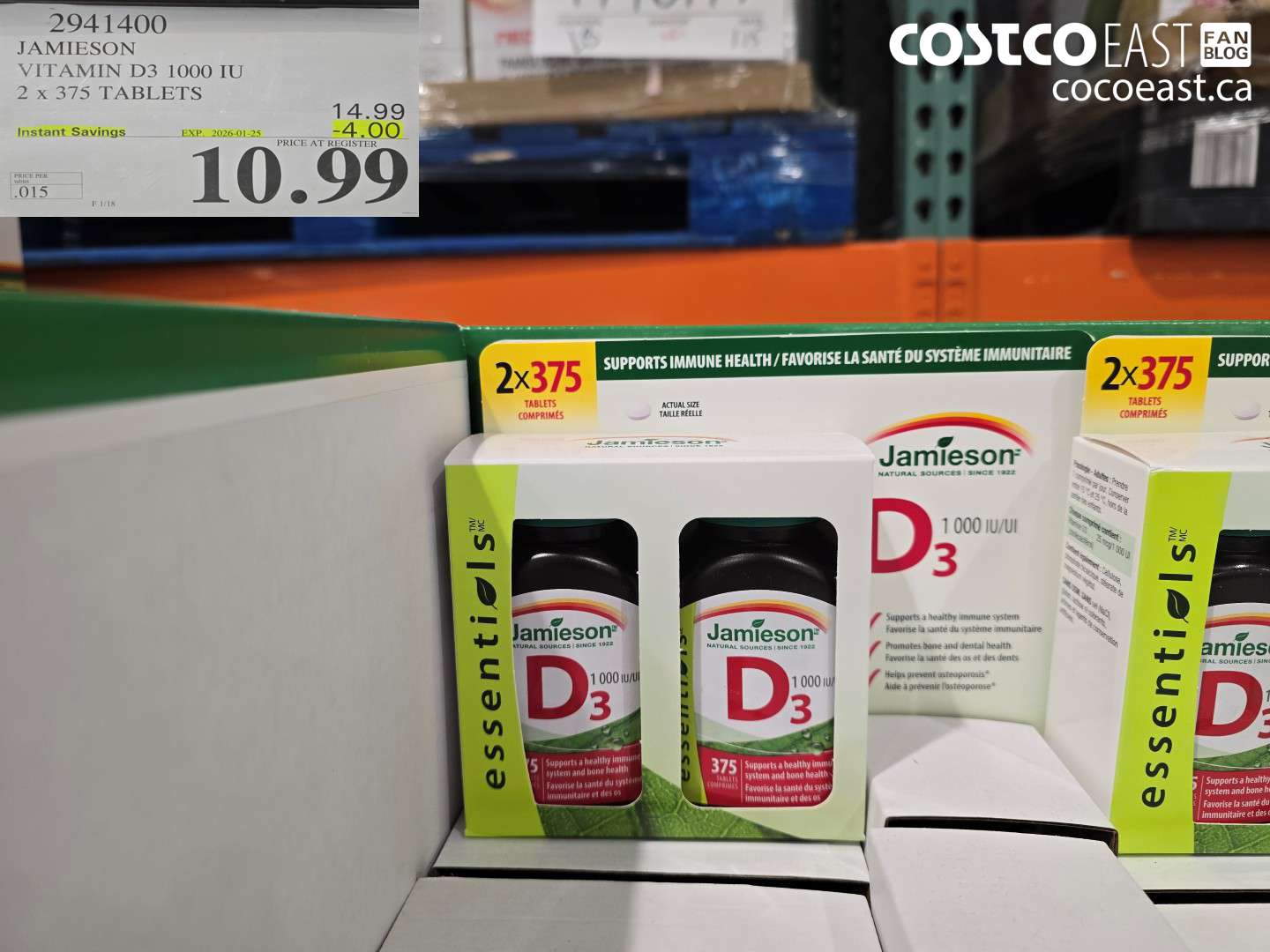 2941400 JAMIESON VITAMIN D3 1000 IU 2 X 375 TABLETS ($4.00 INSTANT SAVINGS EXPIRES ON 2026-01-18) $10.99