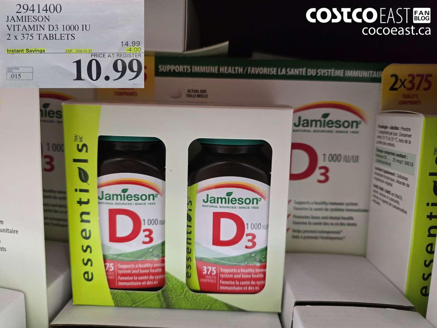 2941400 JAMIESON VITAMIN D3 1000 IU 2 X 375 TABLETS ($4.00 INSTANT SAVINGS EXPIRES ON 2026-01-25) $10.99