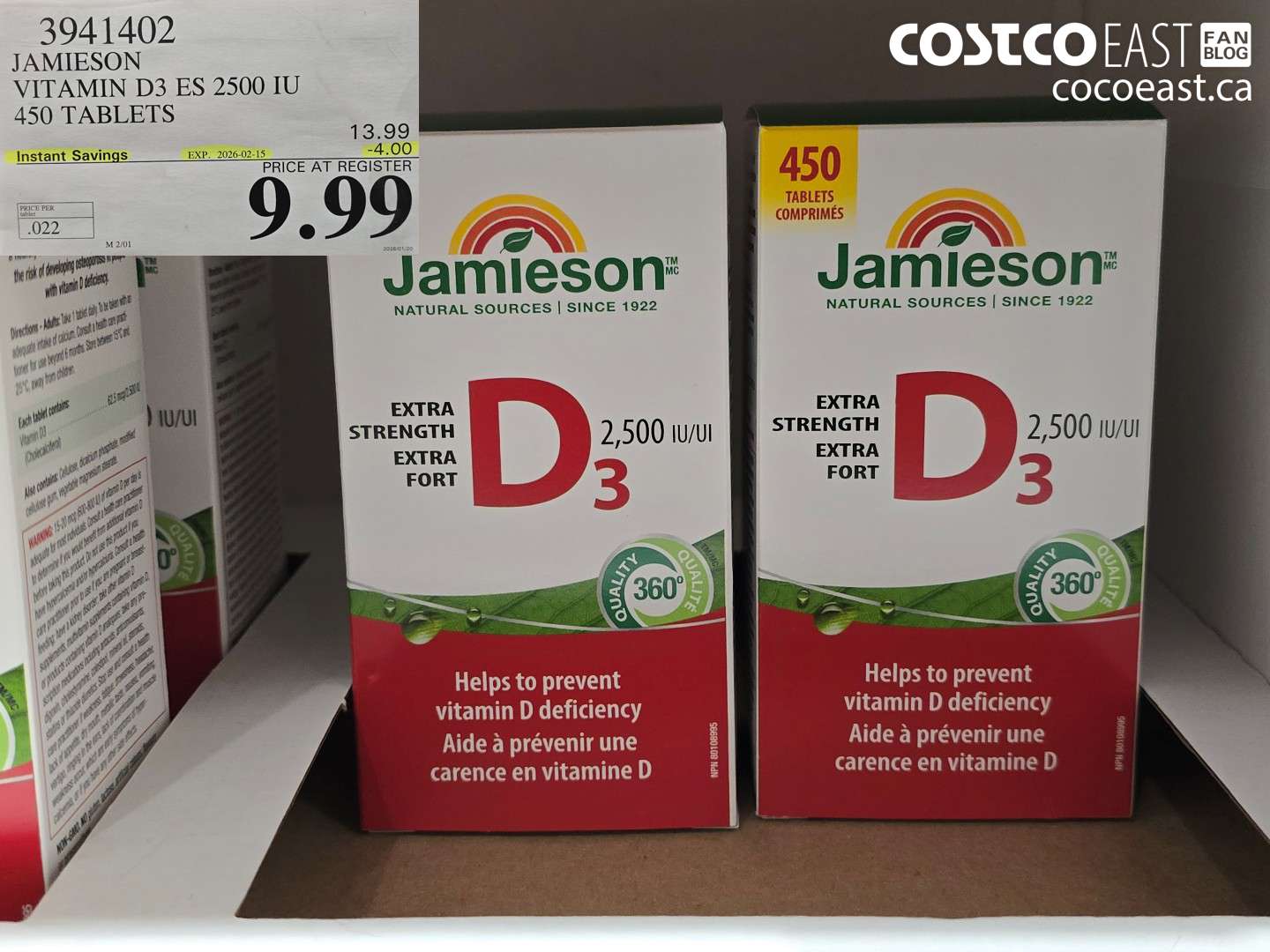 3941402 JAMIESON VITAMIN D3 2500 IU 450 TABLETS ($4.00 INSTANT SAVINGS EXPIRES ON 2026-02-15) $9.99