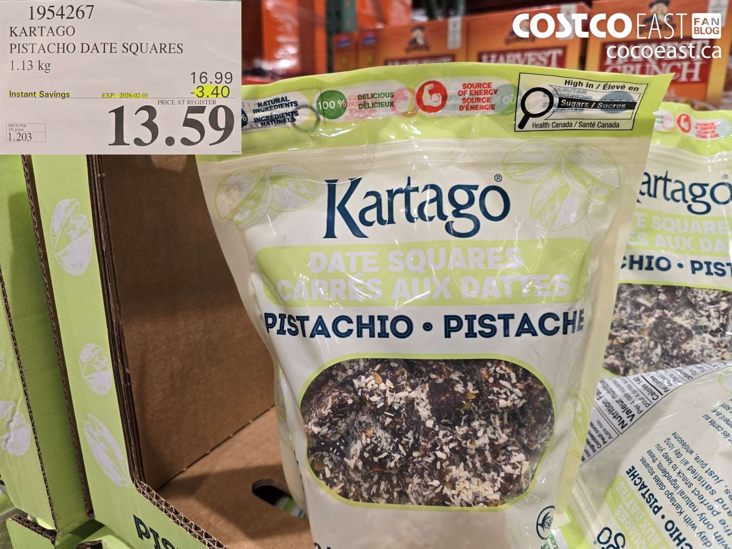 1954267 KARTAGO PISTACHO DATE SQUARES 1.13 KG ($3.40 INSTANT SAVINGS EXPIRES ON 2026-02-01) $13.59