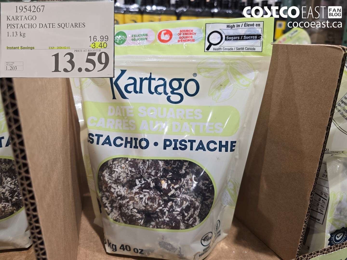 1954267 KARTAGO PISTACHO DATE SQUARES 1.13 KG ($3.40 INSTANT SAVINGS EXPIRES ON 2026-02-01) $13.59