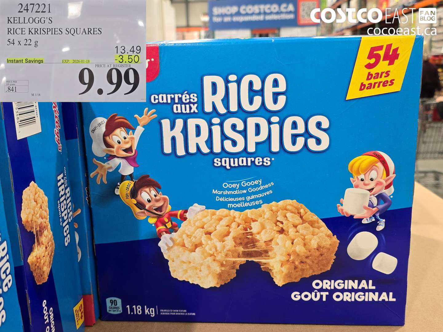 247221 KELLOGG'S RICE KRISPIES SQUARES 54 X 22 G ($3.50 INSTANT SAVINGS EXPIRES ON 2026-01-18) $9.99