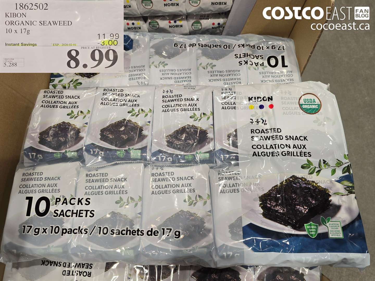 1862502 KIBON ORGANIC SEAWEED 10 x 17g ($3.00 INSTANT SAVINGS EXPIRES ON 2026-02-01) $8.99