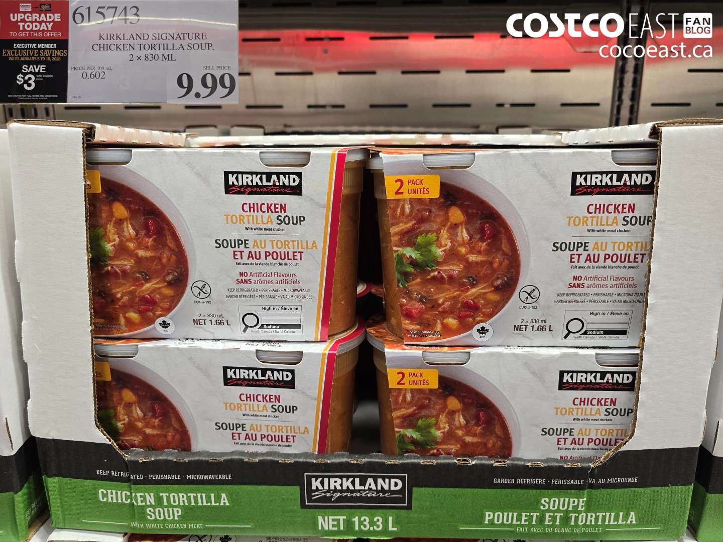 615743 KIRKLAND SIGNATURE CHICKEN TORTILLA SOUP 2 x 830 mL ($3.00 INSTANT SAVINGS EXPIRES ON 2026-01-18) $6.99