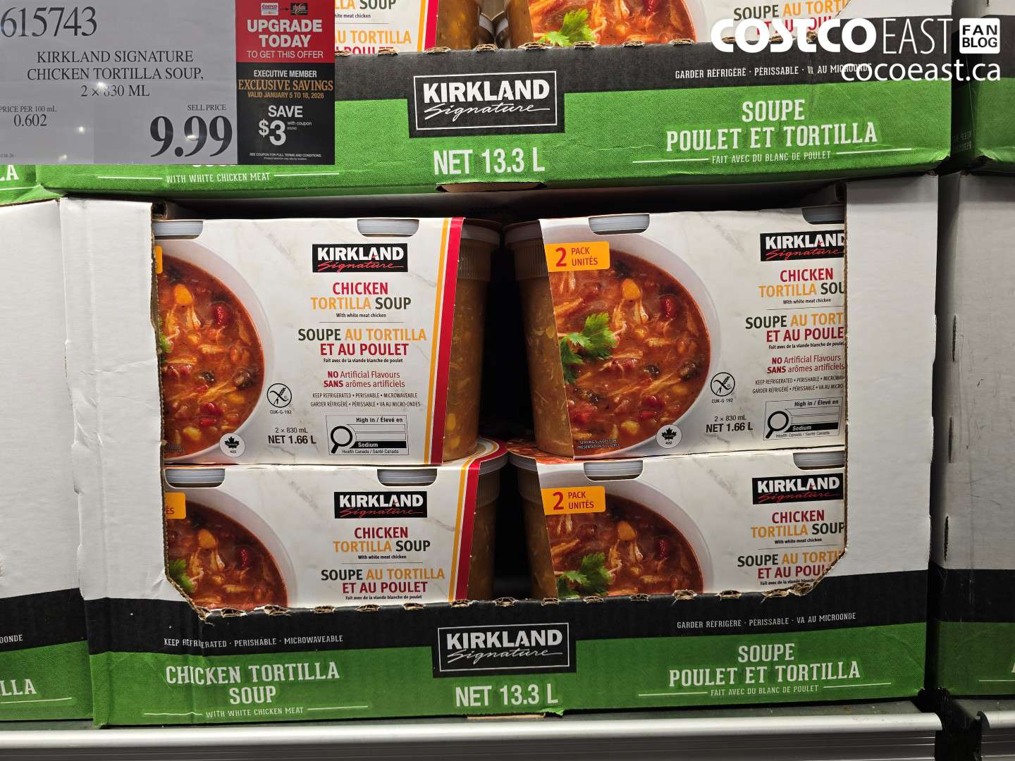 615743 KIRKLAND SIGNATURE CHICKEN TORTILLA SOUP 2 x 830 mL ($3.00 INSTANT SAVINGS EXPIRES ON 2026-01-18) $6.99