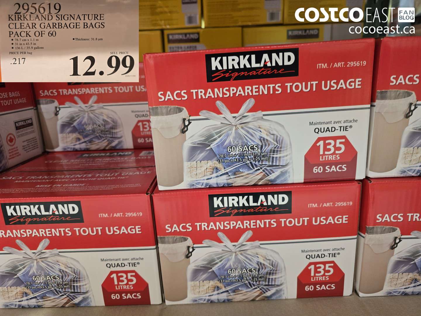295619 KIRKLAND SIGNATURE CLEAR GARBAGE BAGS PACK OF 60 $12.99