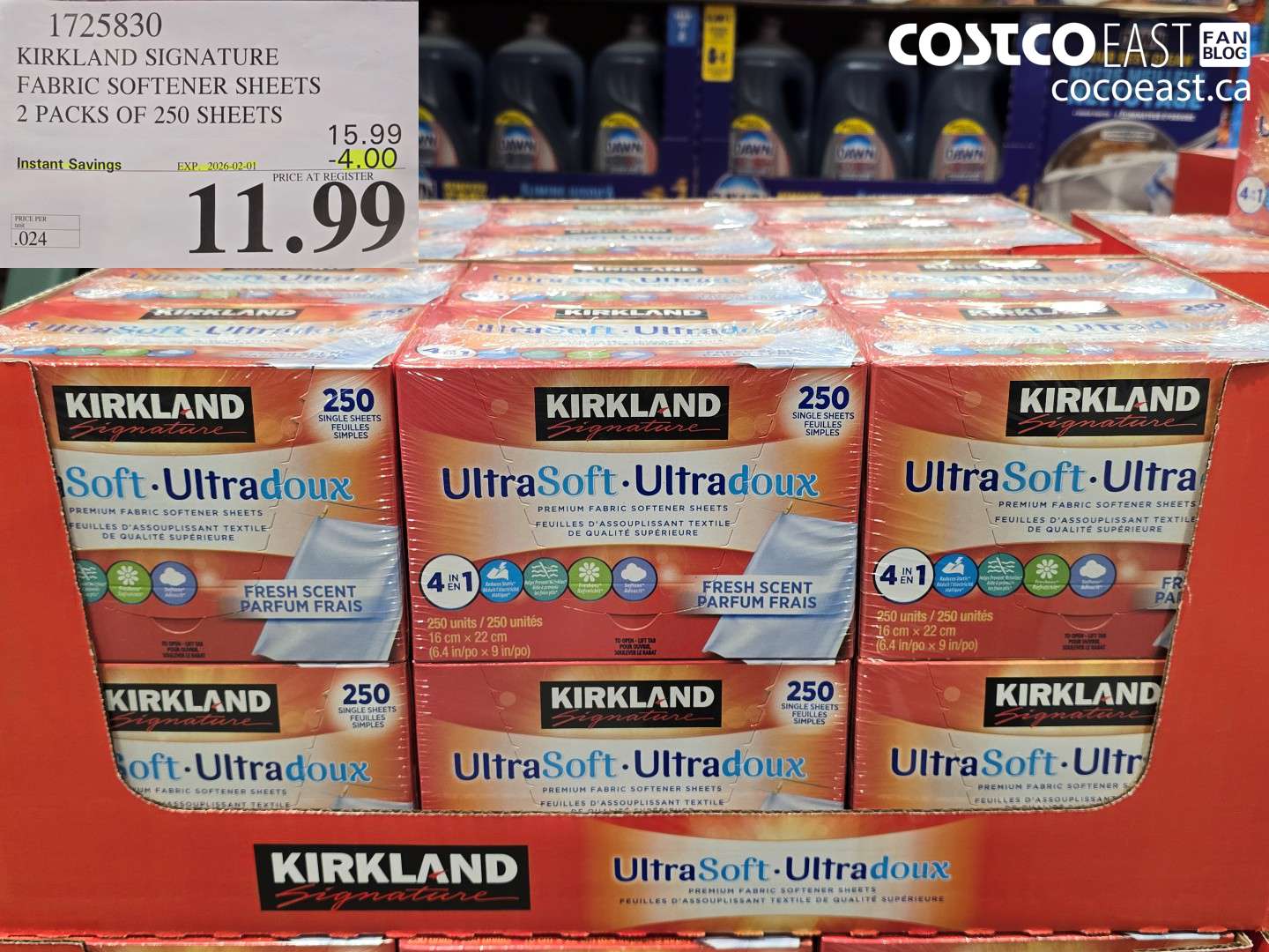 1725830 KIRKLAND SIGNATURE FABRIC SOFTENER 2 PACKS OF 250 SHEETS ($4.00 INSTANT SAVINGS EXPIRES ON 2026-02-01) $11.99