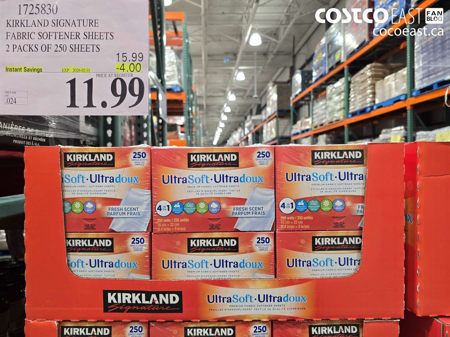 1725830 KIRKLAND SIGNATURE FABRIC SOFTENER 2 PACKS OF 250 SHEETS ($4.00 INSTANT SAVINGS EXPIRES ON 2026-02-01) $11.99