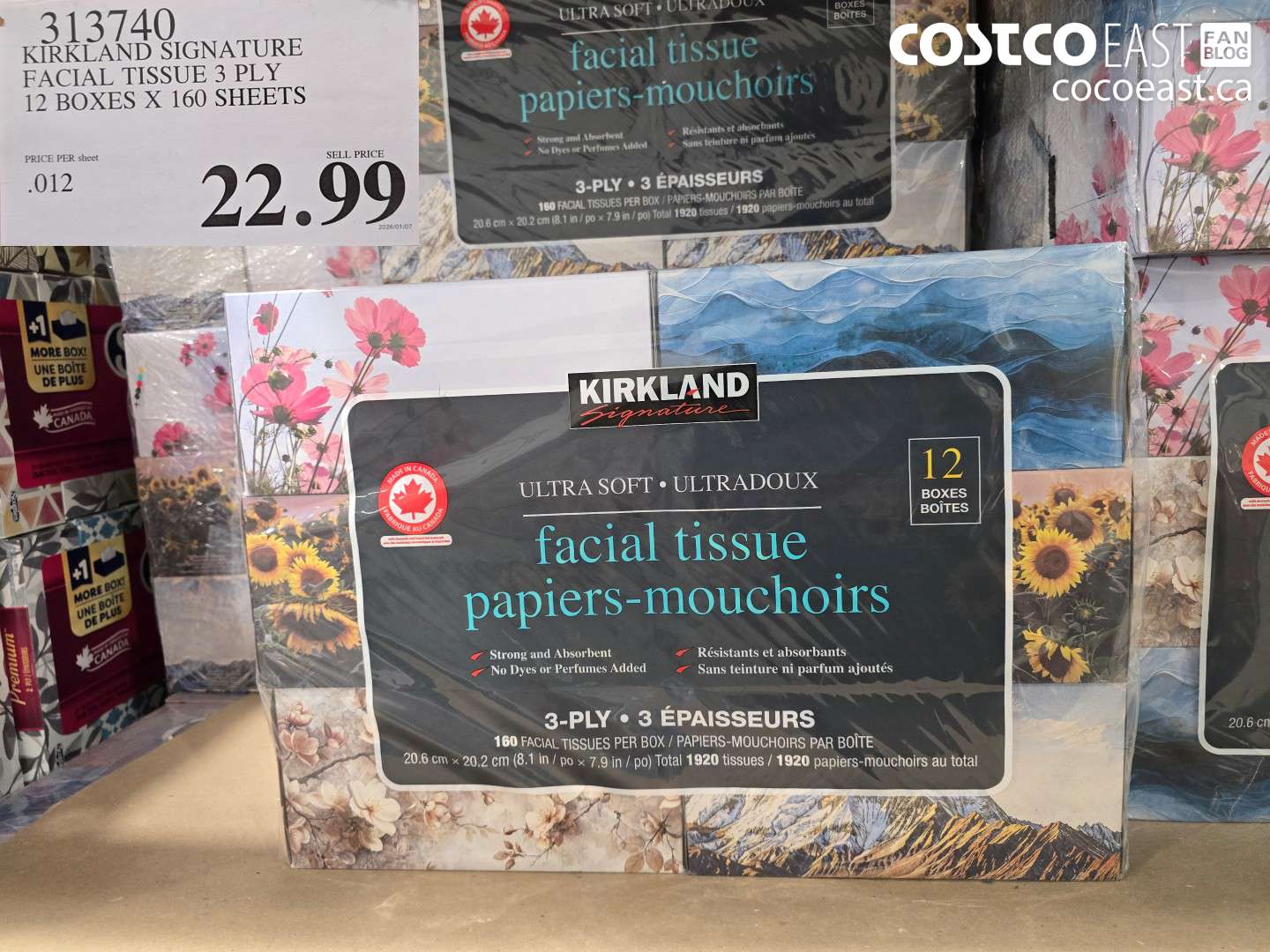 313740 KIRKLAND SIGNATURE FACIAL TISSUE 3 PLY 12 BOXES x 160 SHEETS $22.99