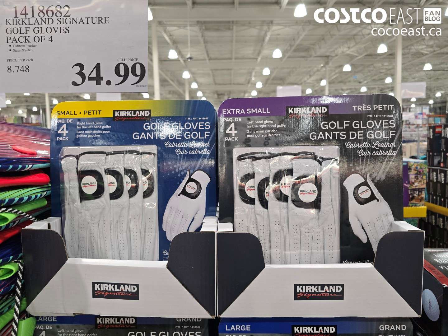 1418682 KIRKLAND SIGNATURE GOLF GLOVES PACK OF 4 $34.99