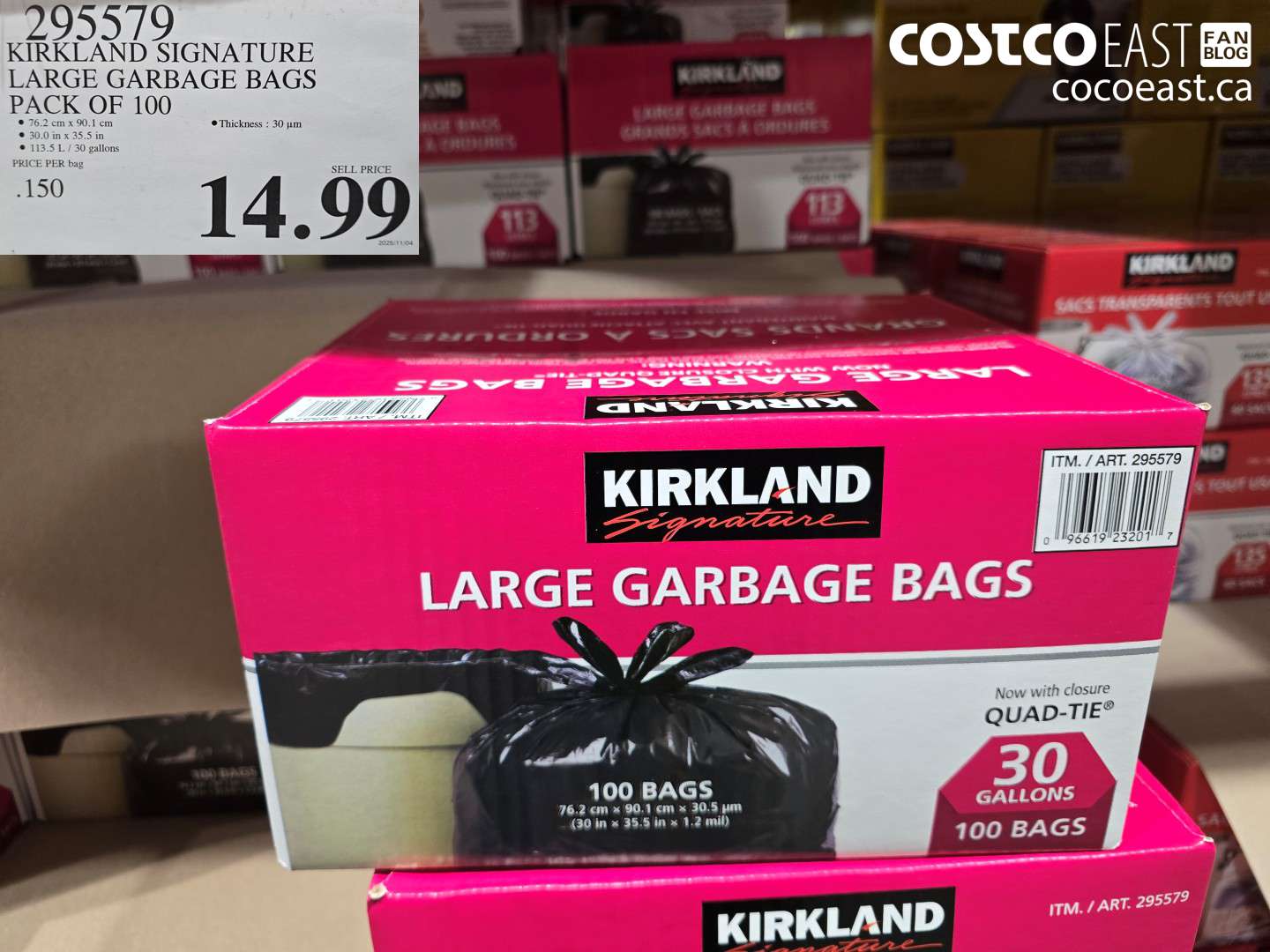 295579 KIRKLAND SIGNATURE LARGE GARBAGE BAGS PACK OF 100 $14.99