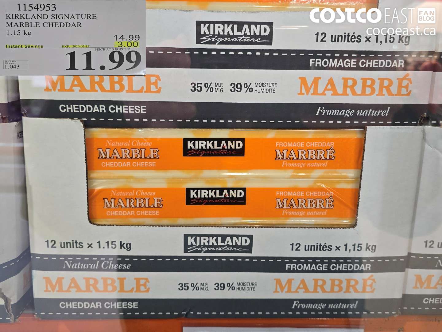 1154953 KIRKLAND SIGNATURE MARBLE CHEDDAR 1.15 KG ($3.00 INSTANT SAVINGS EXPIRES ON 2026-02-15) $11.99