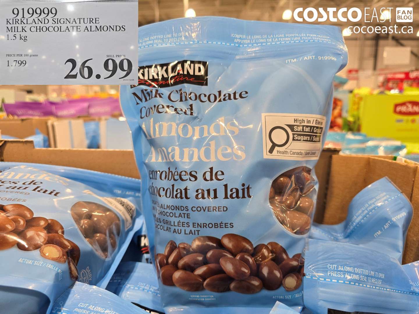 919999 KIRKLAND SIGNATURE MILK CHOCOLATE ALMONDS 1.5 KG $26.99