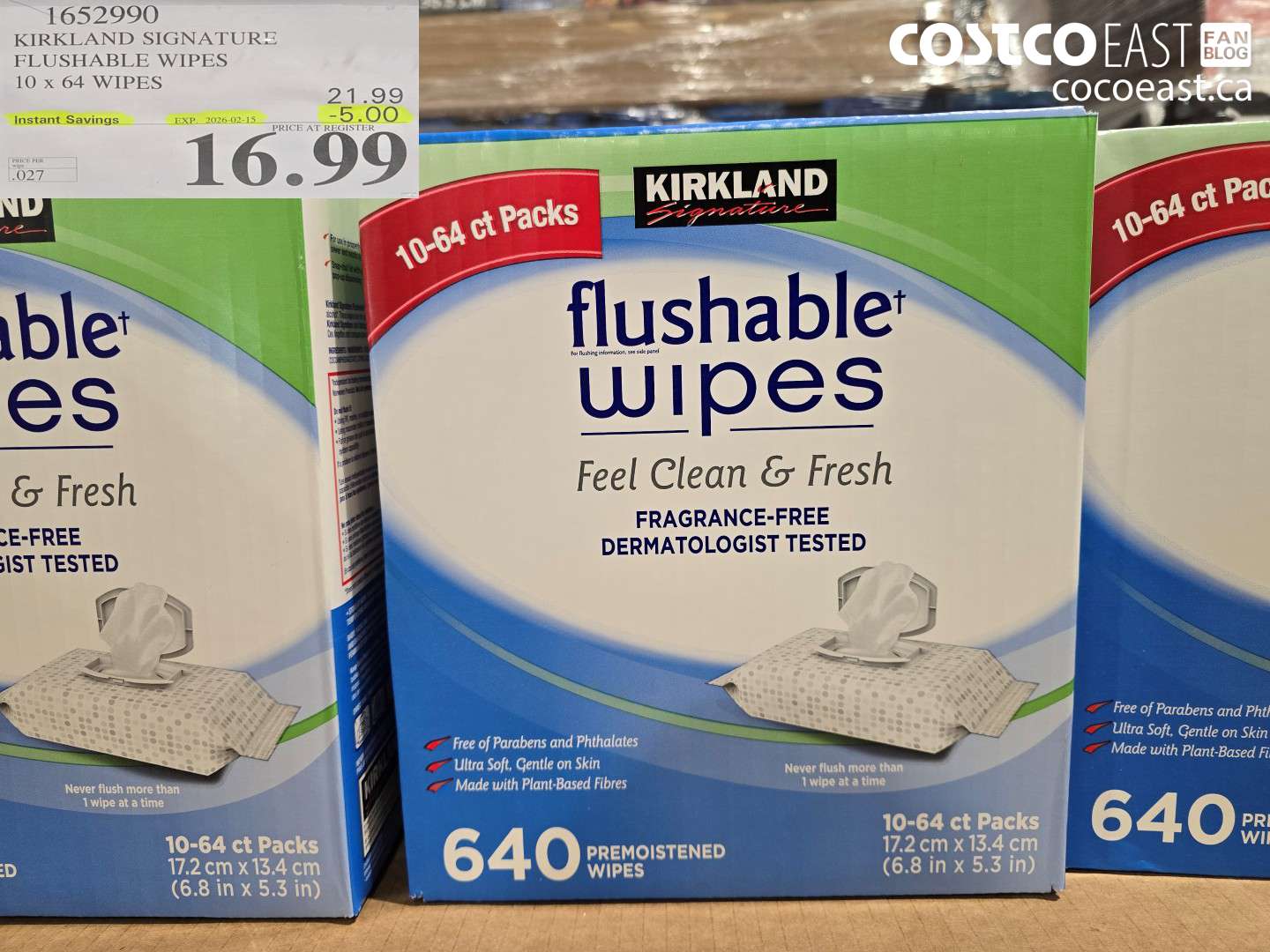 1652990 KIRKLAND SIGNATURE MOIST FLUSHABLE WIPES 10 X 64 WIPES ($5.00 INSTANT SAVINGS EXPIRES ON 2026-02-15) $16.99