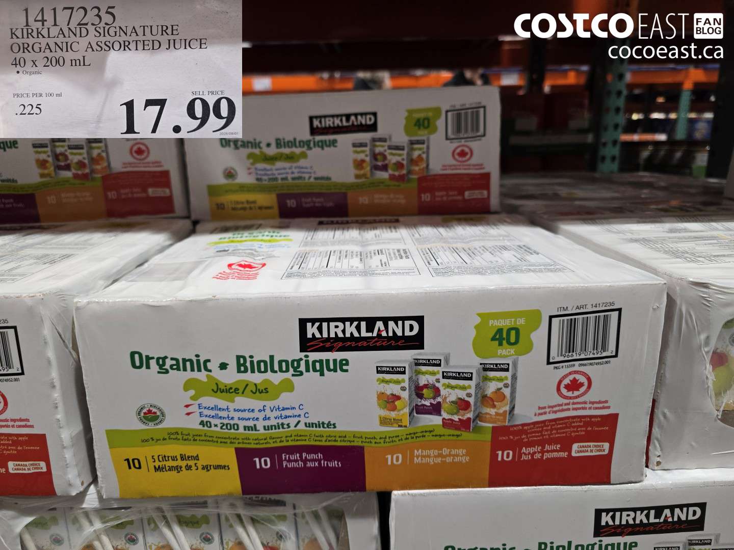 1417235 KIRKLAND SIGNATURE ORGANIC ASSORTED JUICE 40 x 200 mL $17.99