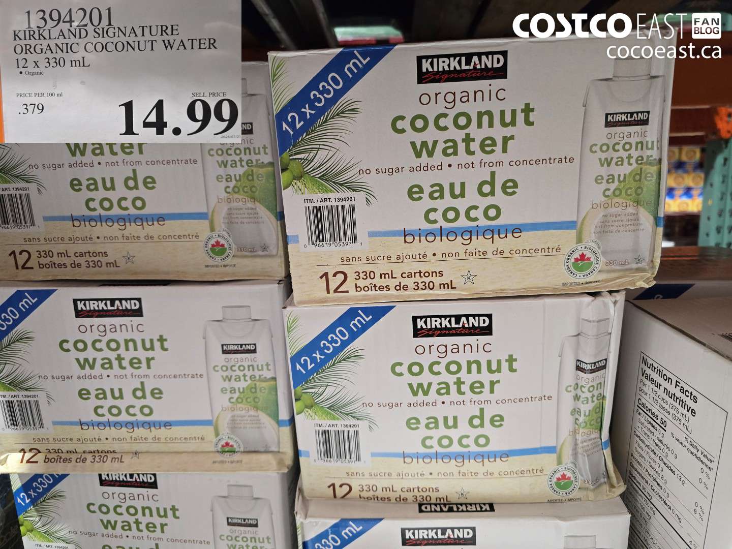 1394201 KIRKLAND SIGNATURE ORGANIC COCONUT WATER 12 X 330 ML $14.99